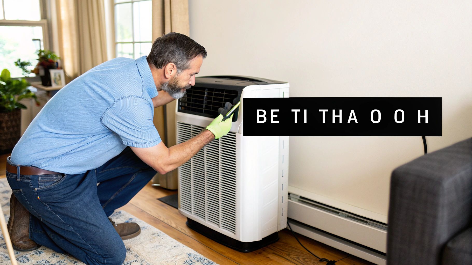 Άνδρας με γάντια σκύβει και επιθεωρεί έναν λευκό καθαριστή αέρα σε εσωτερικό χώρο, δίπλα σε καλοριφέρ.