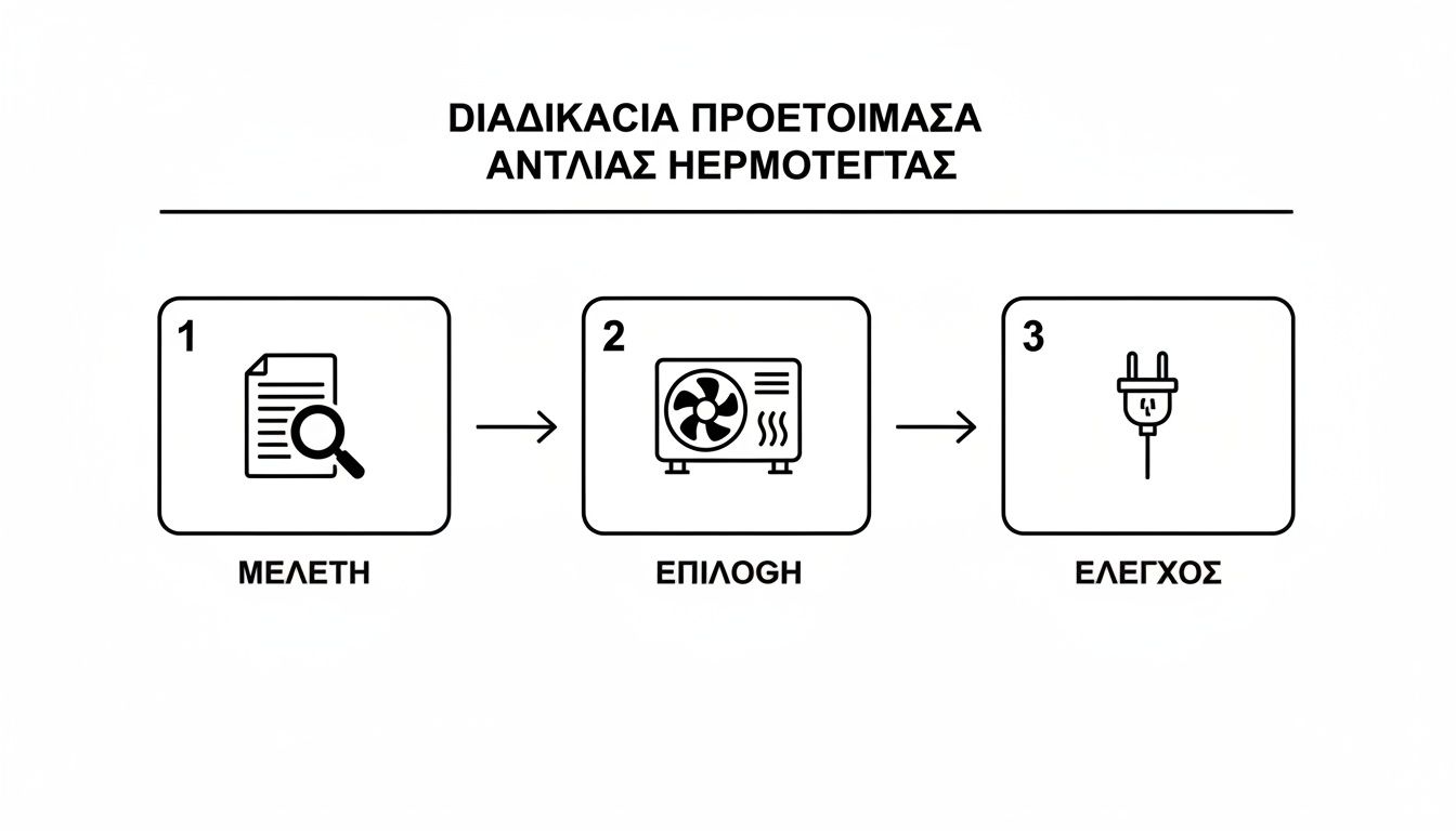 Διαγραμματική απεικόνιση των βημάτων προετοιμασίας και εγκατάστασης μιας αντλίας θερμότητας.