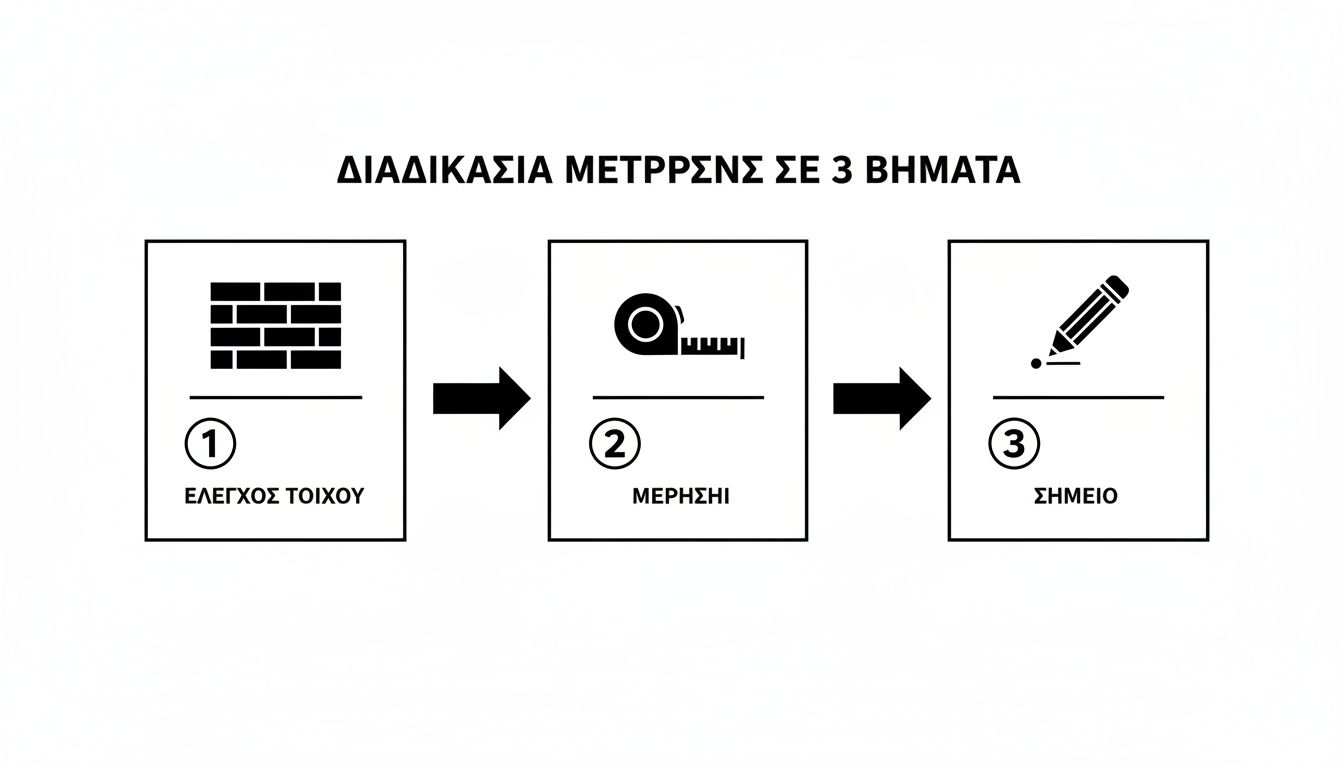 Διαδικασία μέτρησης σε 3 βήματα: έλεγχος τοίχου, μέτρηση και σημείωση με μολύβι.