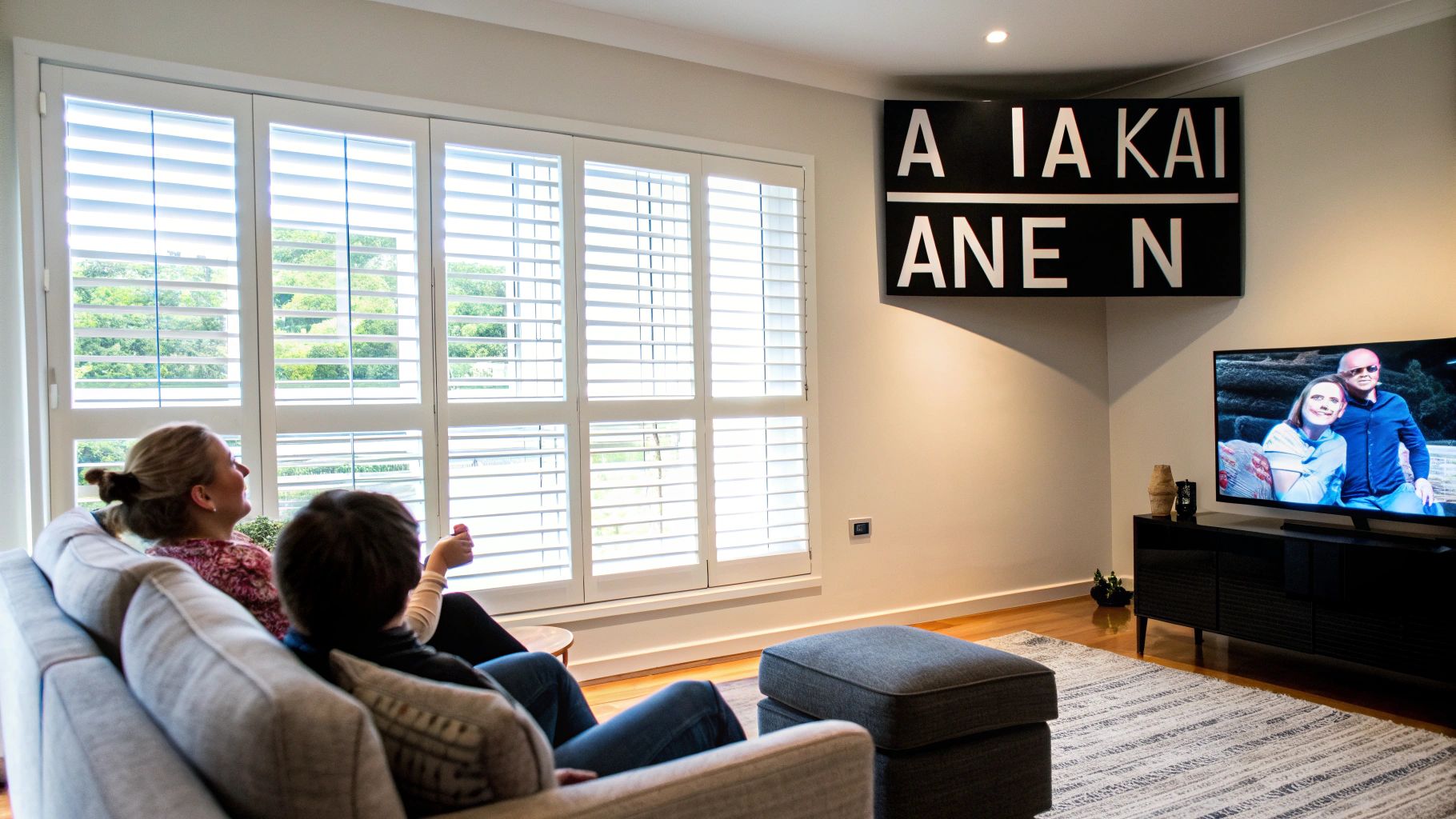 Δύο άτομα χαλαρώνουν σε έναν καναπέ στο σαλόνι, με λευκά παντζούρια και τηλεόραση που παίζει.