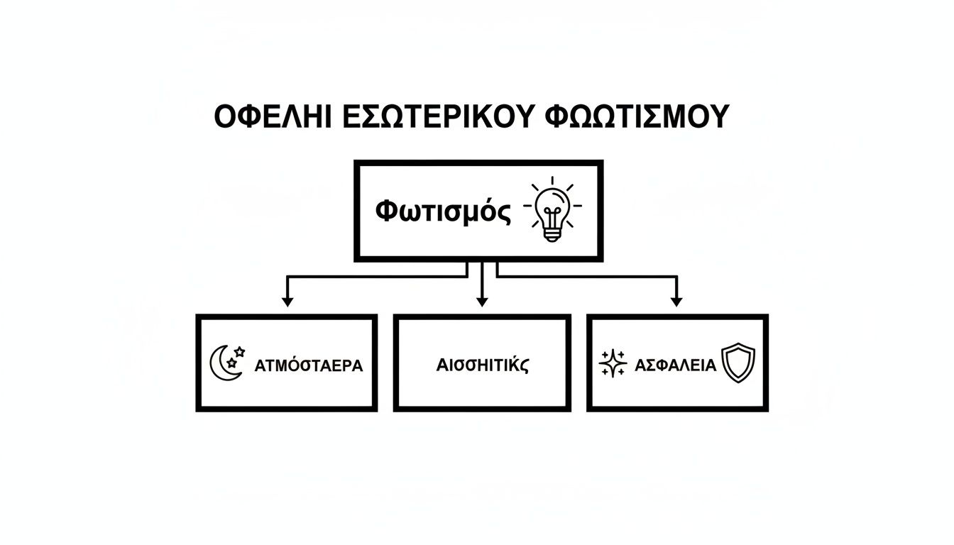 Διάγραμμα που απεικονίζει τα οφέλη του εσωτερικού φωτισμού, όπως ατμόσφαιρα, αισθητική και ασφάλεια.