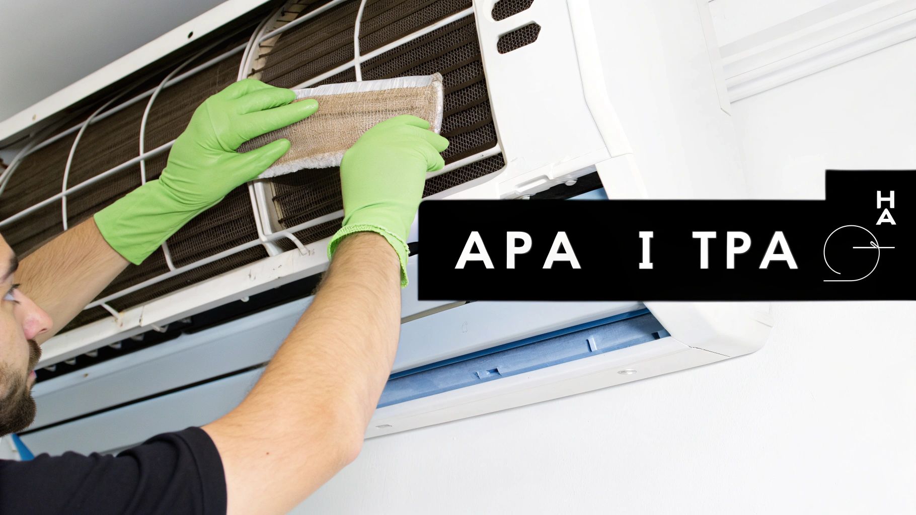 Άνθρωπος με πράσινα γάντια καθαρίζει το βρώμικο φίλτρο ενός κλιματιστικού στον τοίχο.
