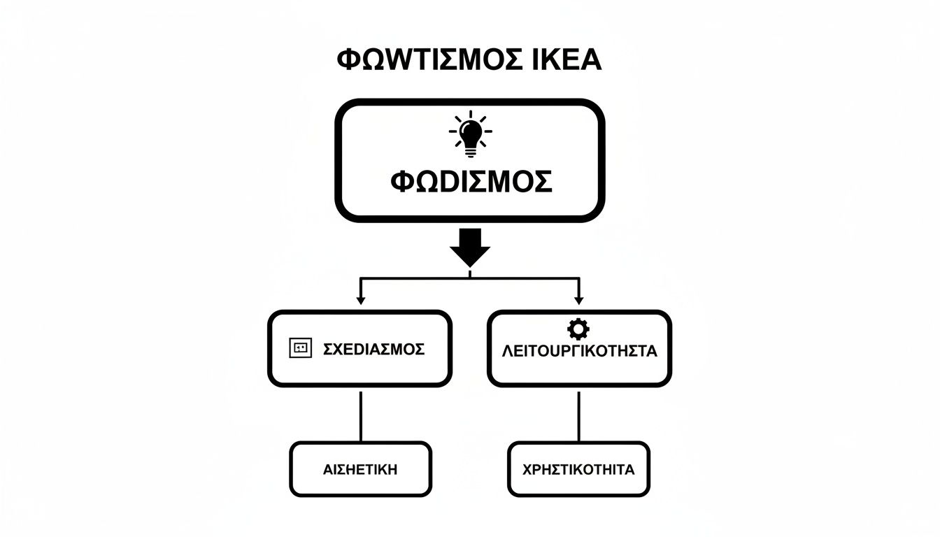 Διάγραμμα ροής που απεικονίζει τις κατηγορίες φωτισμού IKEA: σχεδιασμός, λειτουργικότητα, αισθητική και χρηστικότητα.