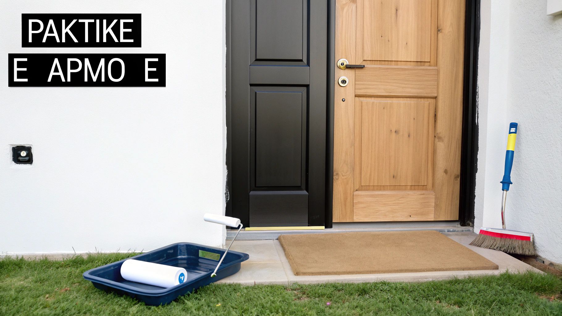 Εξωτερικός χώρος σπιτιού με εργαλεία βαφής, μαύρη πόρτα και ξύλινη πόρτα.