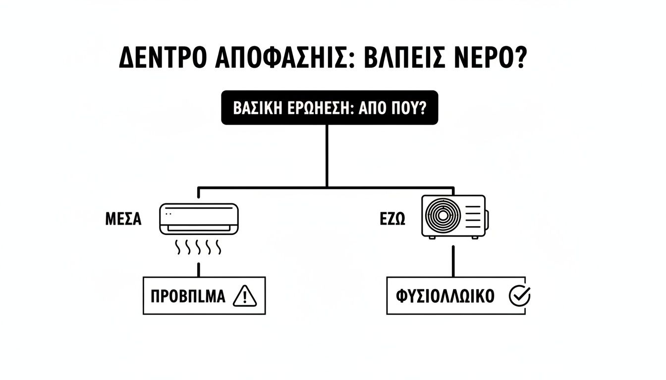 Διάγραμμα ροής για το πότε βγάζει νερό το κλιματιστικό. Εξηγεί αν είναι πρόβλημα ή φυσιολογικό ανάλογα με το σημείο διαρροής.