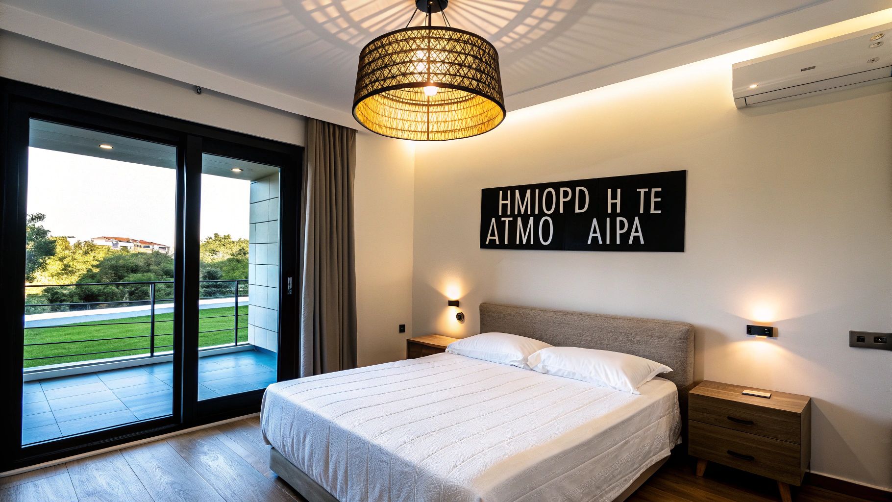 Σύγχρονο υπνοδωμάτιο με μεγάλο κρεβάτι, μοναδικό φωτιστικό οροφής και θέα στο μπαλκόνι.