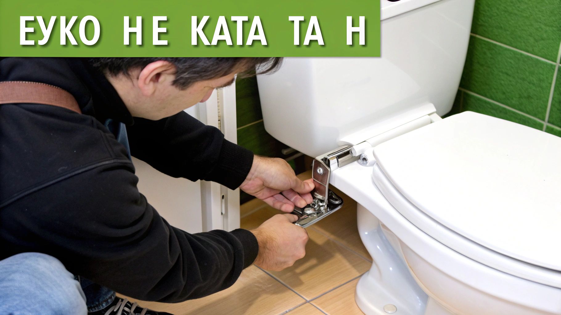 Ένας άνδρας τοποθετεί ή επισκευάζει το κάλυμμα της λεκάνης τουαλέτας σε ένα μπάνιο με πράσινα πλακάκια.