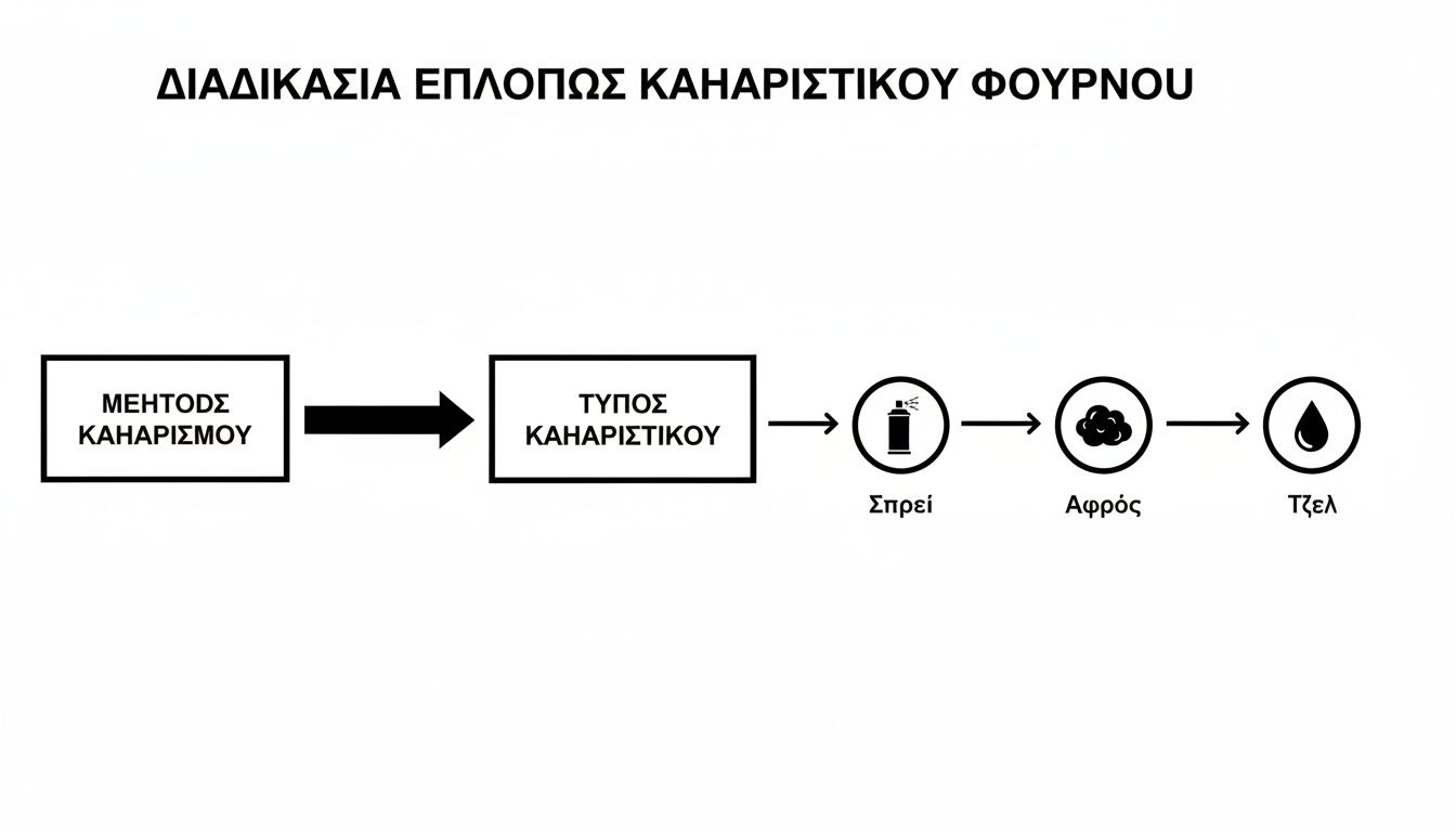 Διάγραμμα ροής που δείχνει τη διαδικασία επιλογής καθαριστικού φούρνου, με επιλογές σπρέι, αφρού και τζελ.