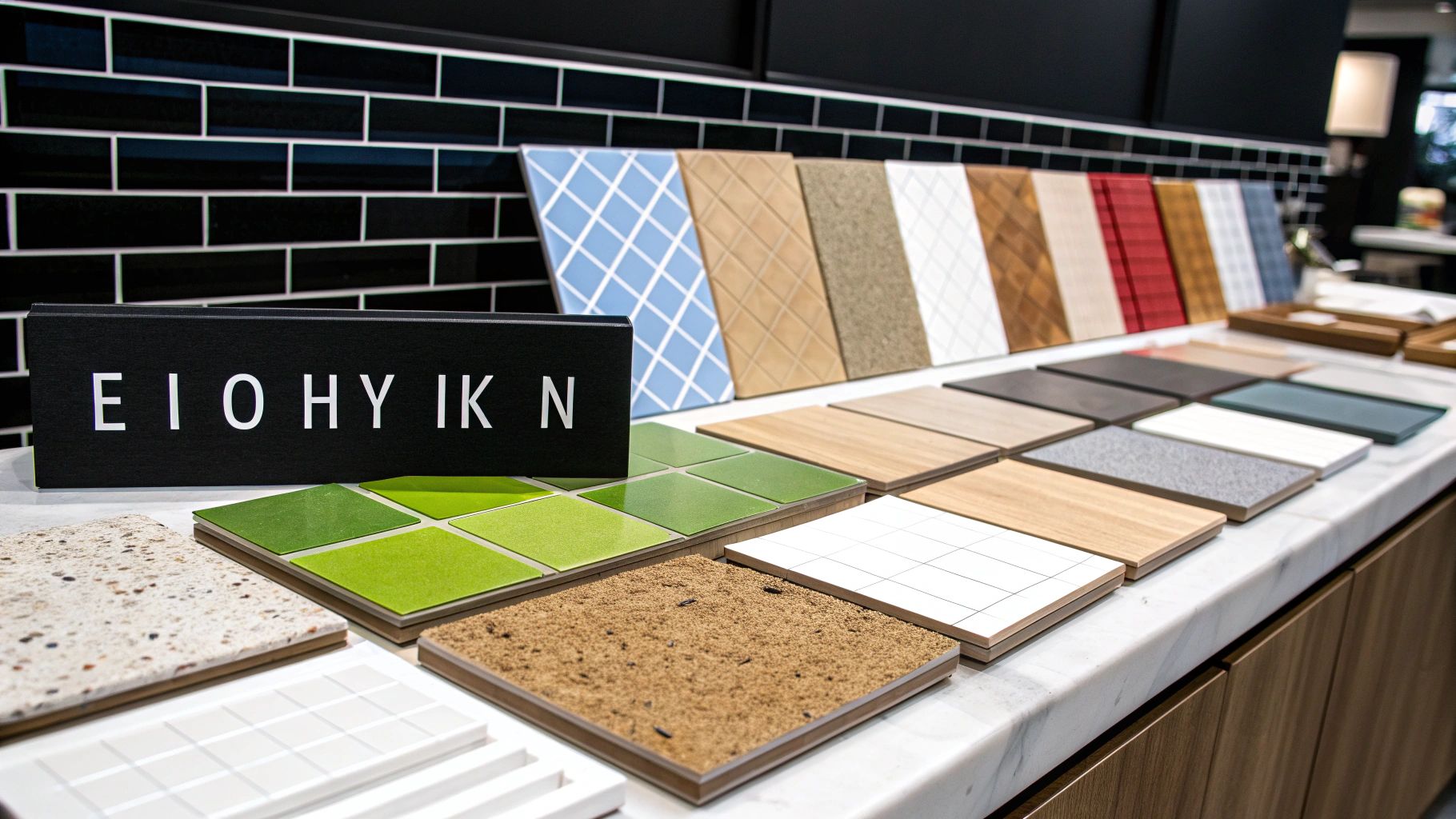 Σχέδιο ανακαίνισης μπάνιου σε χαρτί, με δείγματα πλακιδίων και εργαλεία σχεδιασμού.