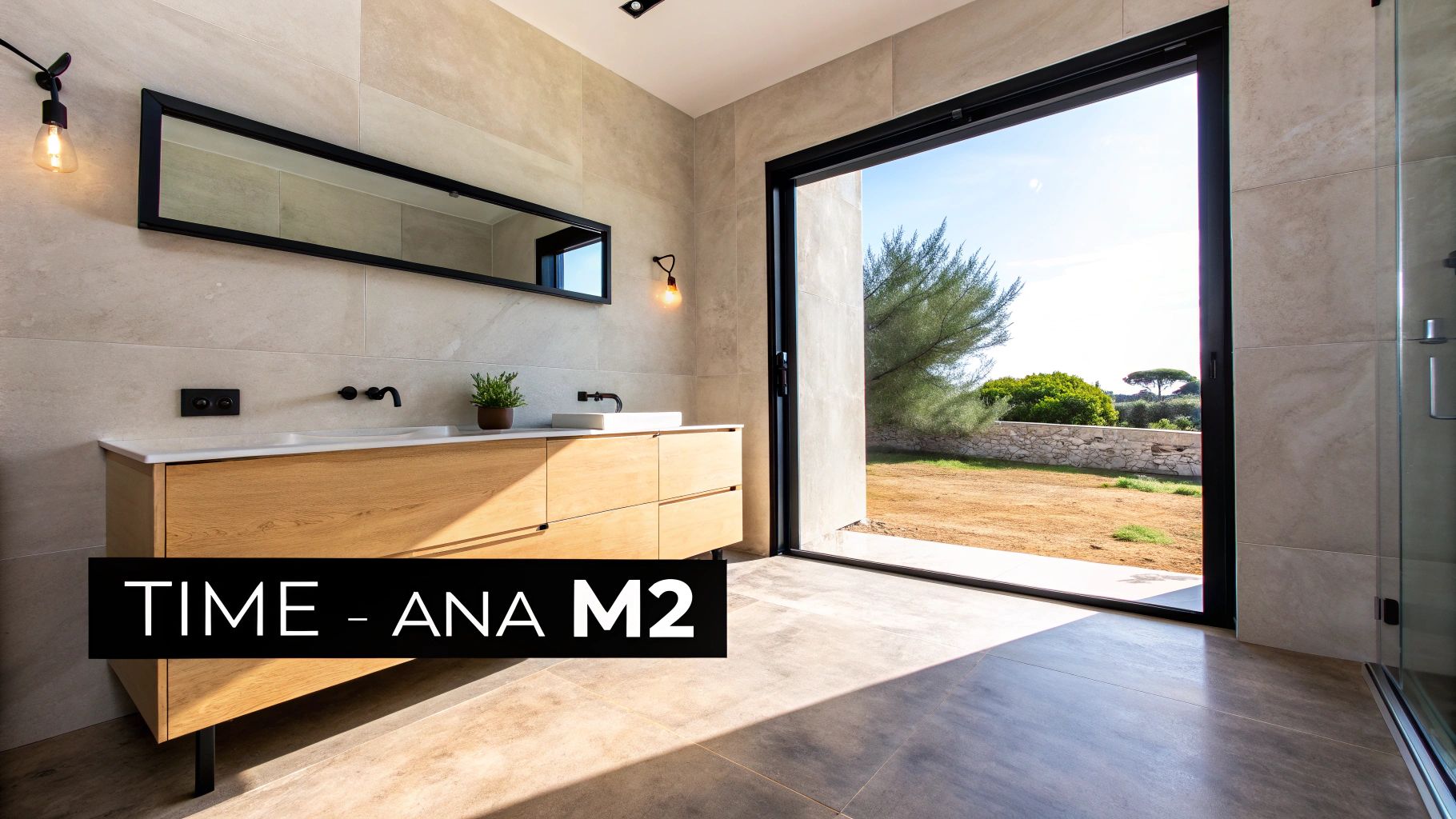 Μοντέρνο μπάνιο με ξύλινο έπιπλο, διπλούς νιπτήρες, καθρέφτη και θέα σε κήπο από μεγάλη τζαμαρία.