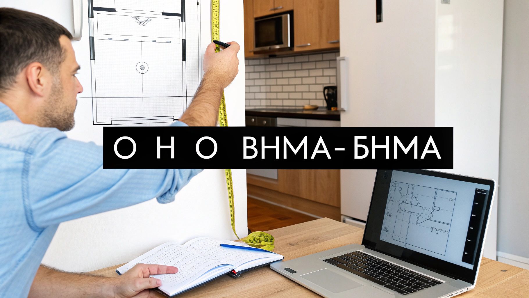 Άνδρας μετράει κάτοψη κουζίνας με μεζούρα, με φορητό υπολογιστή να εμφανίζει σχέδιο.