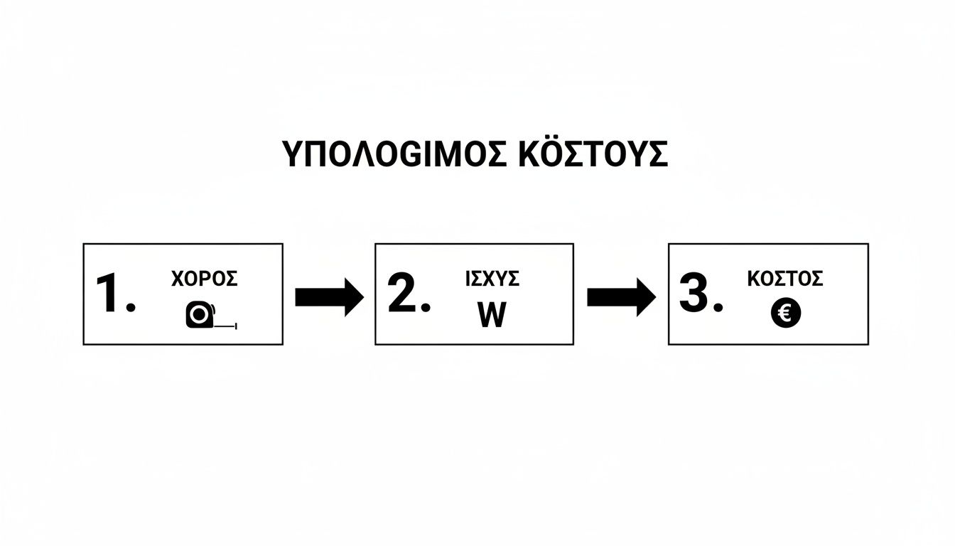 Διάγραμμα ροής που απεικονίζει τον υπολογισμό κόστους σε τρία βήματα: χώρος, ισχύς και τελικό κόστος.