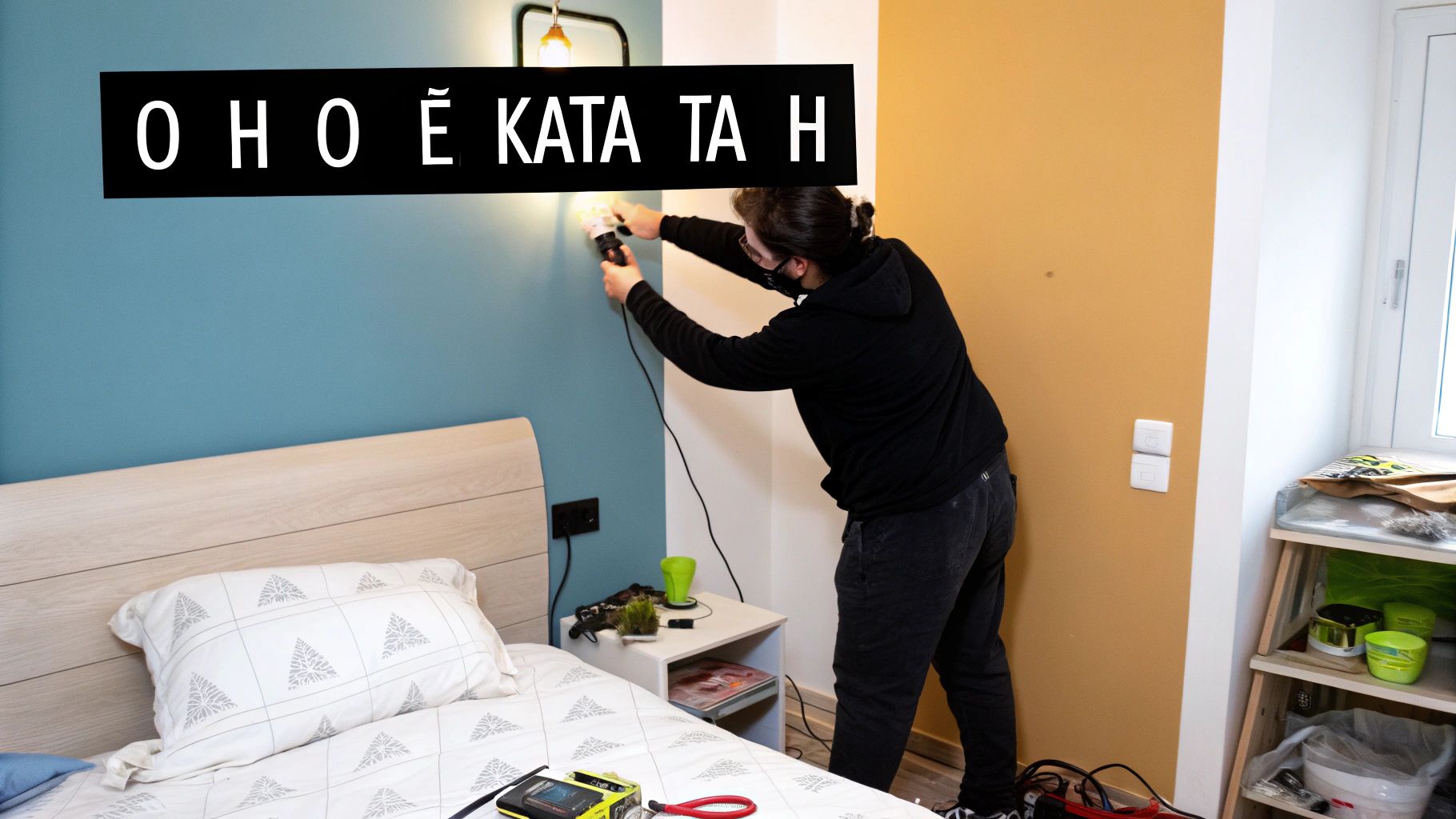 Εγκατάσταση φωτιστικού σε τοίχο υπνοδωματίου.