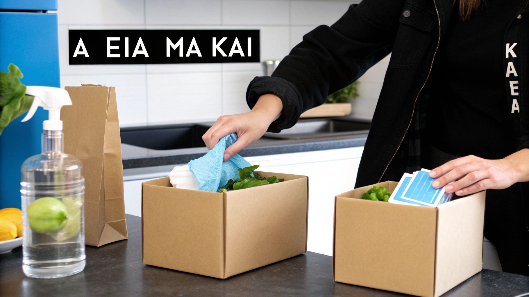 Χέρια οργανώνουν τρόφιμα σε κουτιά στον πάγκο μιας μοντέρνας κουζίνας.