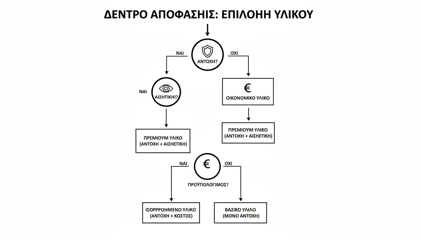 Διάγραμμα ροής επιλογής υλικού βάσει αντοχής, αισθητικής, και προϋπολογισμού. Παρουσιάζει premium, οικονομικά, ισορροπημένα και βασικά υλικά.