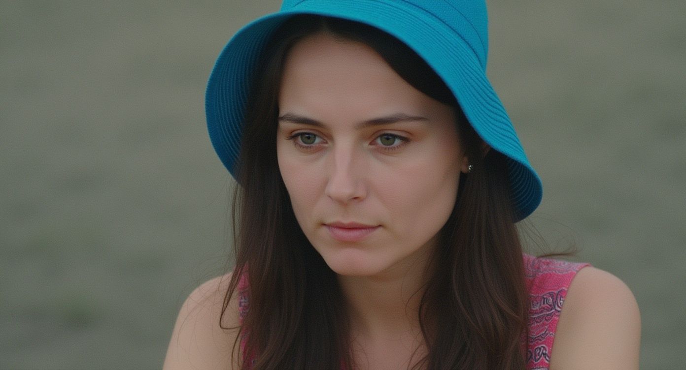 Μια νεαρή γυναίκα με μακριά καστανά μαλλιά και ένα μπλε καπέλο, κοιτάζει προς τα κάτω με στοχαστικό ύφος.