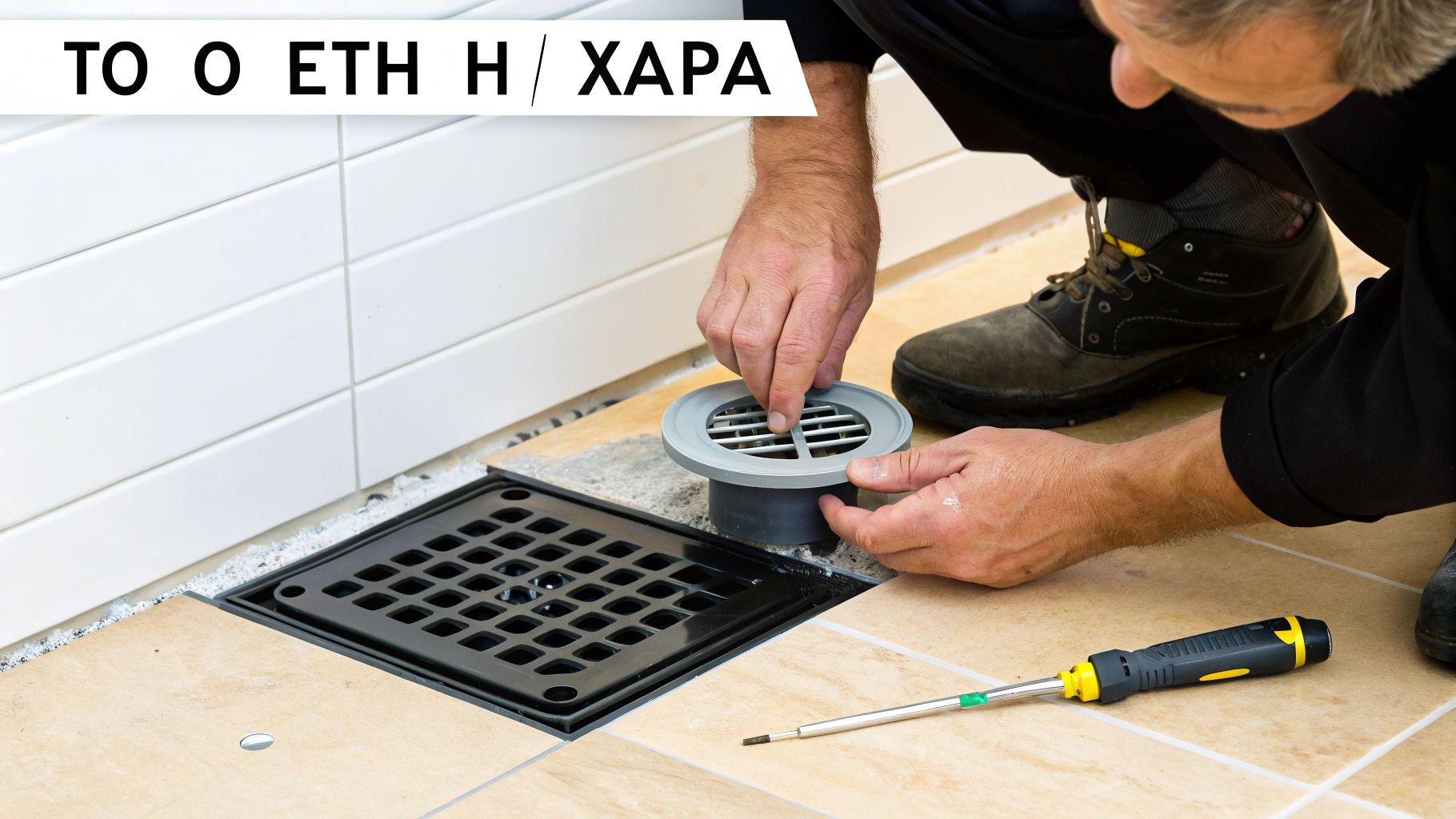 Άνδρας τοποθετεί σιφώνι δαπέδου σε μπάνιο με πλακάκια, δίπλα σε εγκατεστημένη σχάρα.