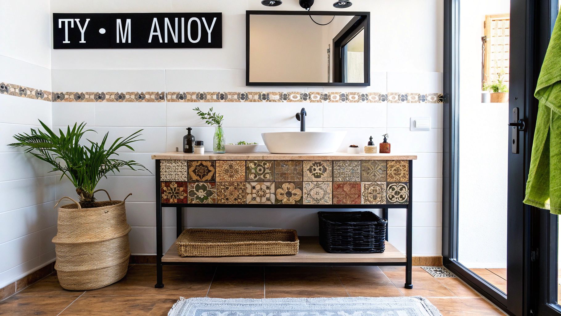 Εσωτερικό μπάνιου με ξύλινο νιπτήρα, χρωματιστά πλακάκια, καθρέφτη, φυτό και πράσινη πετσέτα.