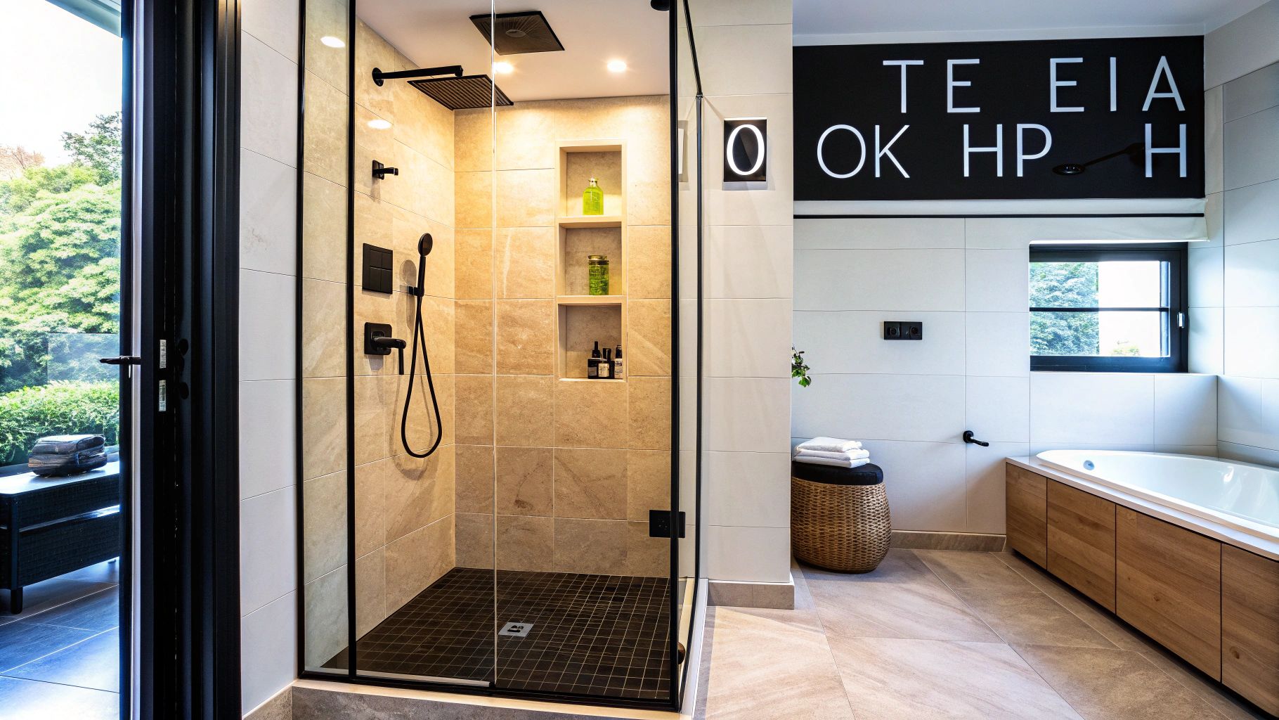 Μοντέρνο μπάνιο με ντουζιέρα, εντοιχισμένα ράφια, μπανιέρα και μεγάλο παράθυρο.