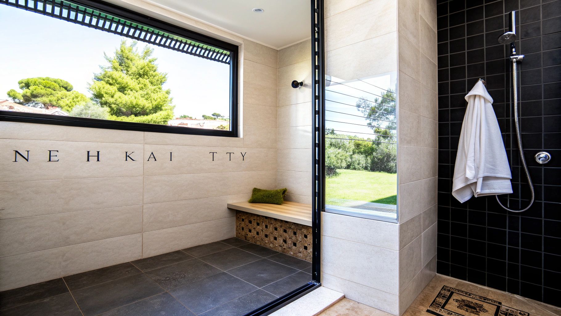 Εξωτερική ντουζιέρα με μπεζ πλακάκια, παράθυρο με θέα σε δέντρα, ξύλινο κάθισμα και μαύρους τοίχους.