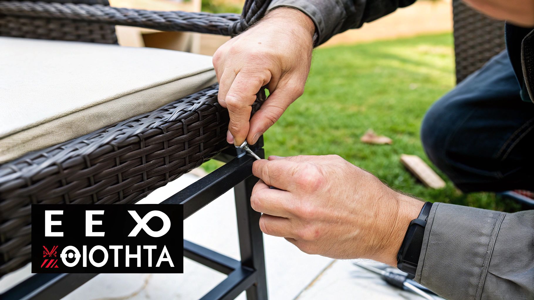 Άνθρωπος συναρμολογεί έπιπλα κήπου, ένα ψάθινο καρέκλα με μαξιλάρι, σφίγγοντας ένα μεταλλικό εξάρτημα.