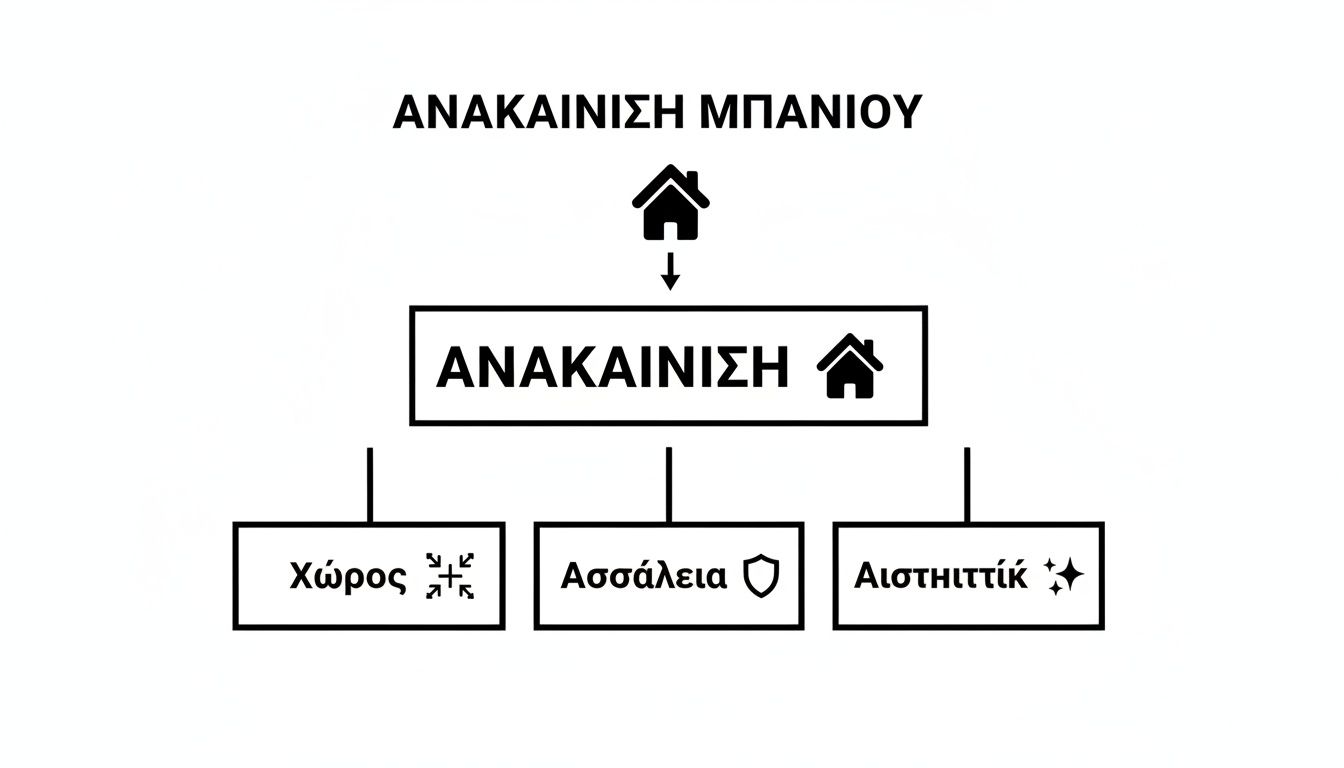 Διάγραμμα ροής που απεικονίζει την ανακαίνιση μπάνιου, με έμφαση στον χώρο, την ασφάλεια και την αισθητική.