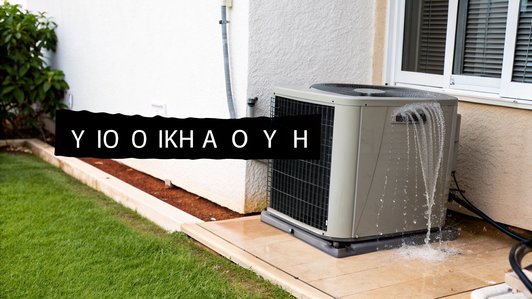 Μια εξωτερική μονάδα κλιματιστικού στάζει άφθονο νερό σε ένα αίθριο, δίπλα σε έναν τοίχο σπιτιού και γρασίδι.