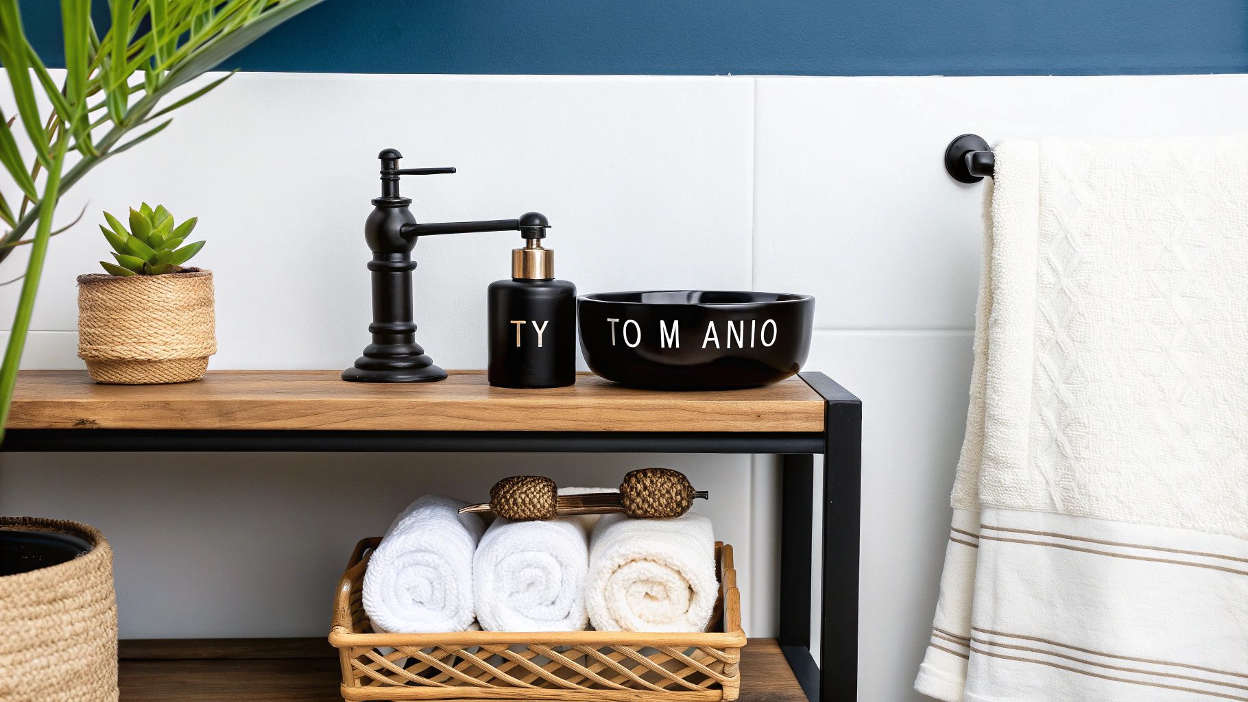 Ράφι μπάνιου με παχύφυτο, μαύρη βρύση, σαπούνι, μπολ, τυλιγμένες πετσέτες και κρεμασμένη πετσέτα σε σύγχρονο μπάνιο.