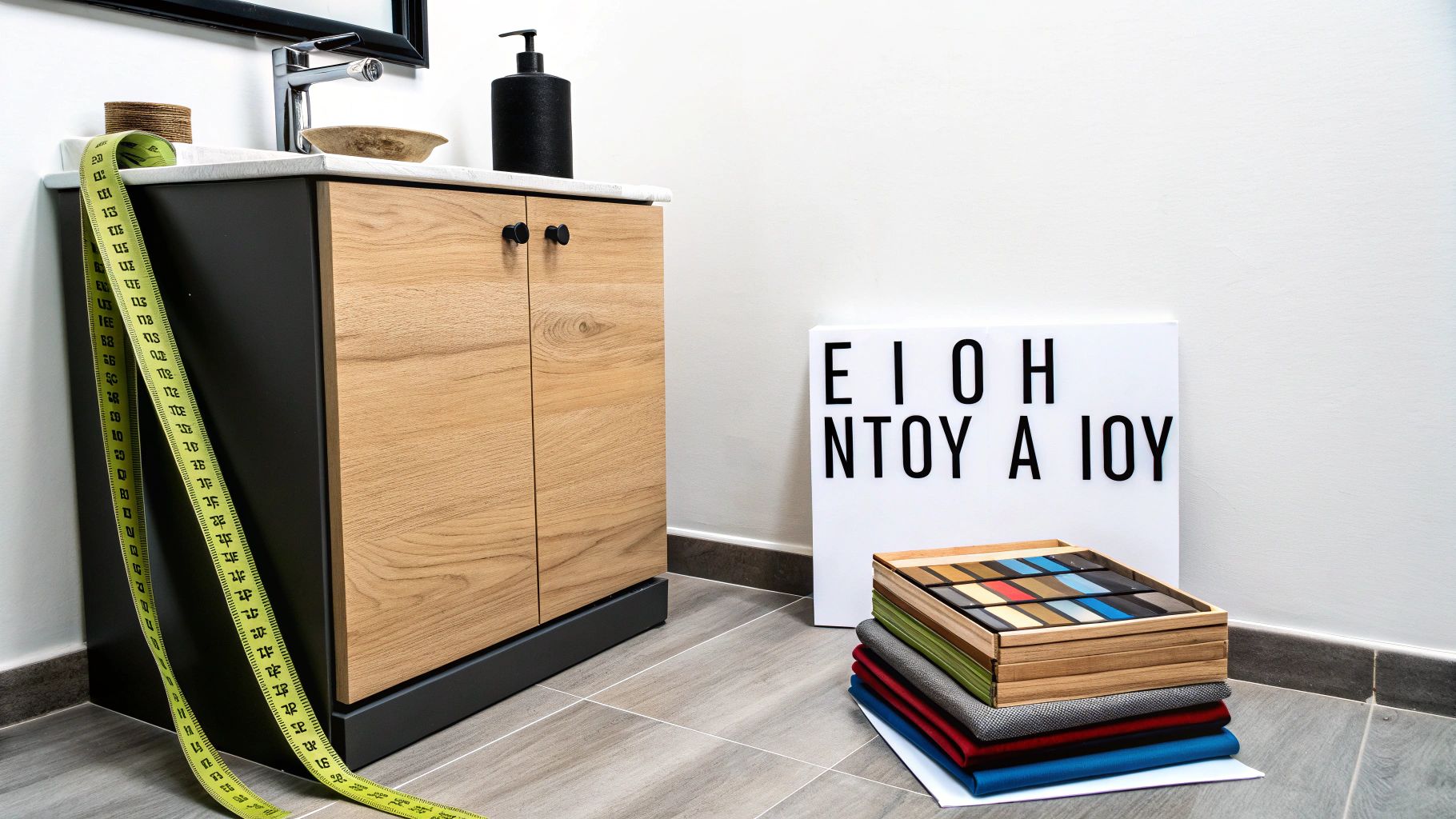 Έπιπλο μπάνιου με ξύλινες πόρτες, μετροταινία, φωτιζόμενη πινακίδα και δείγματα υφασμάτων στο πάτωμα.