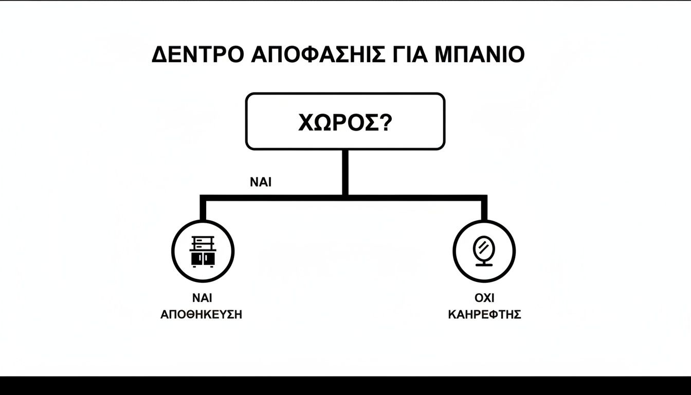 Διάγραμμα απόφασης για το μπάνιο που καθορίζει αν χρειάζεται αποθήκευση ή καθρέφτης ανάλογα με τον διαθέσιμο χώρο.