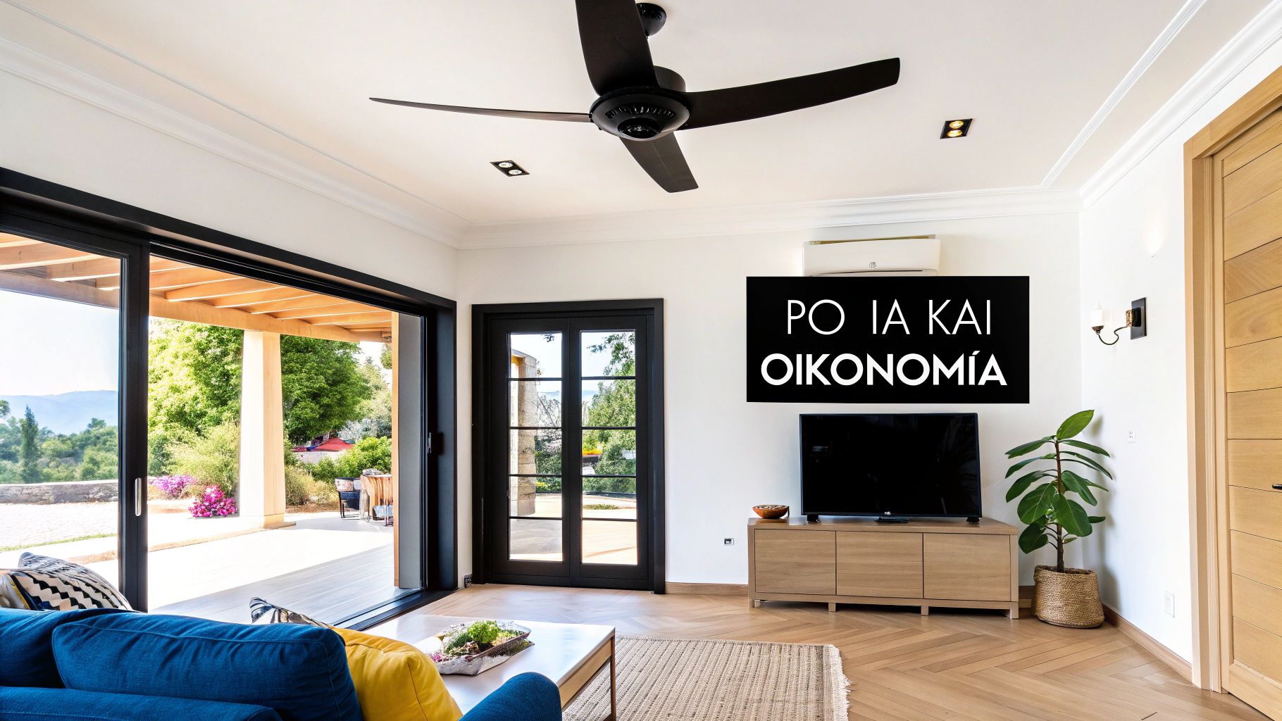 Μοντέρνος ανεμιστήρας οροφής εγκατεστημένος σε σαλόνι με ξύλινα δοκάρια στην οροφή