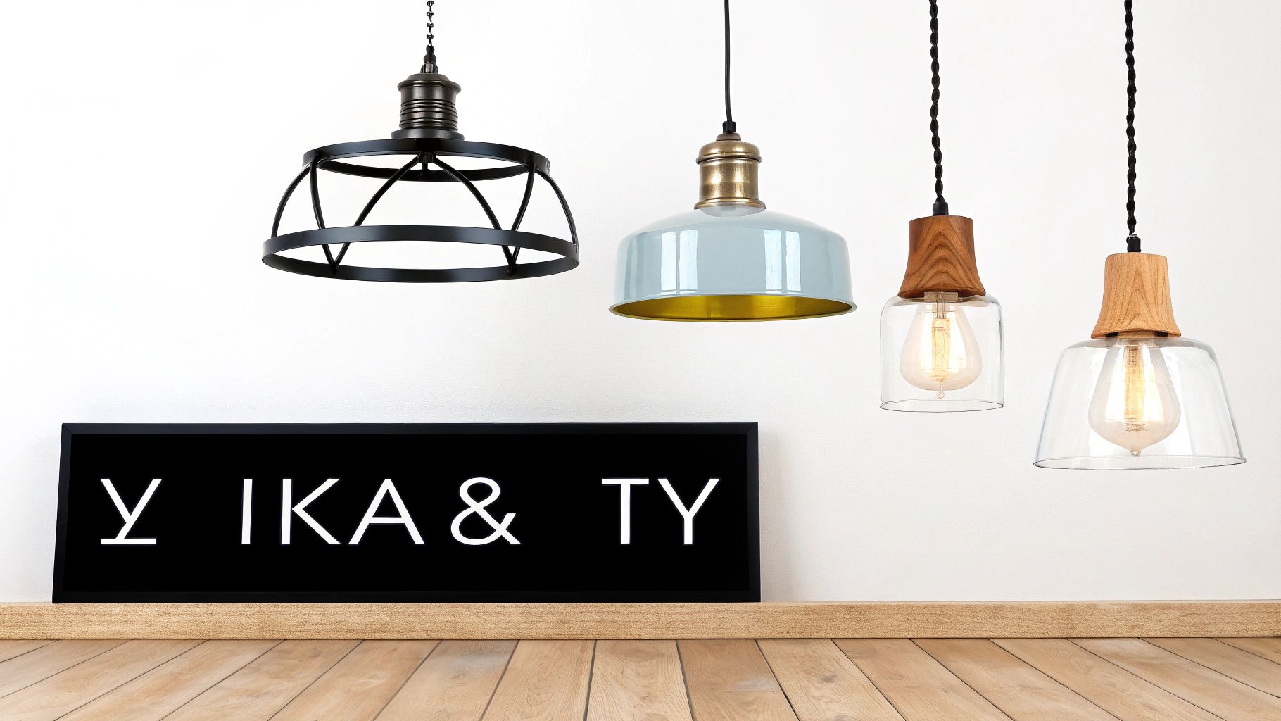 Τέσσερα κρεμαστά φωτιστικά διαφορετικού στυλ και μία πινακίδα στον τοίχο, σε ένα φωτεινό δωμάτιο.