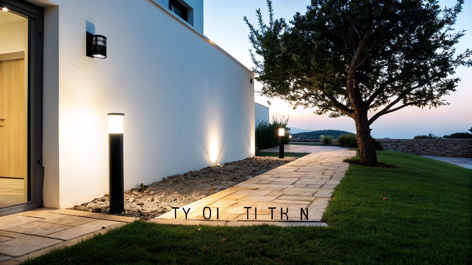Εξωτερικός χώρος με σύγχρονο φωτισμό, πλακόστρωτο μονοπάτι, πράσινο γρασίδι και ένα δέντρο.