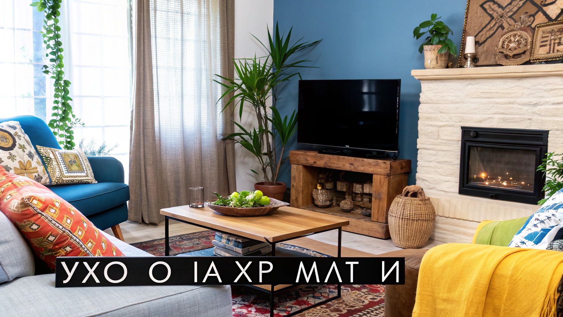 Ένα φωτεινό σαλόνι με έναν τοίχο βαμμένο σε ζεστή, γήινη απόχρωση τερακότας, που δημιουργεί μια αίσθηση θαλπωρής.