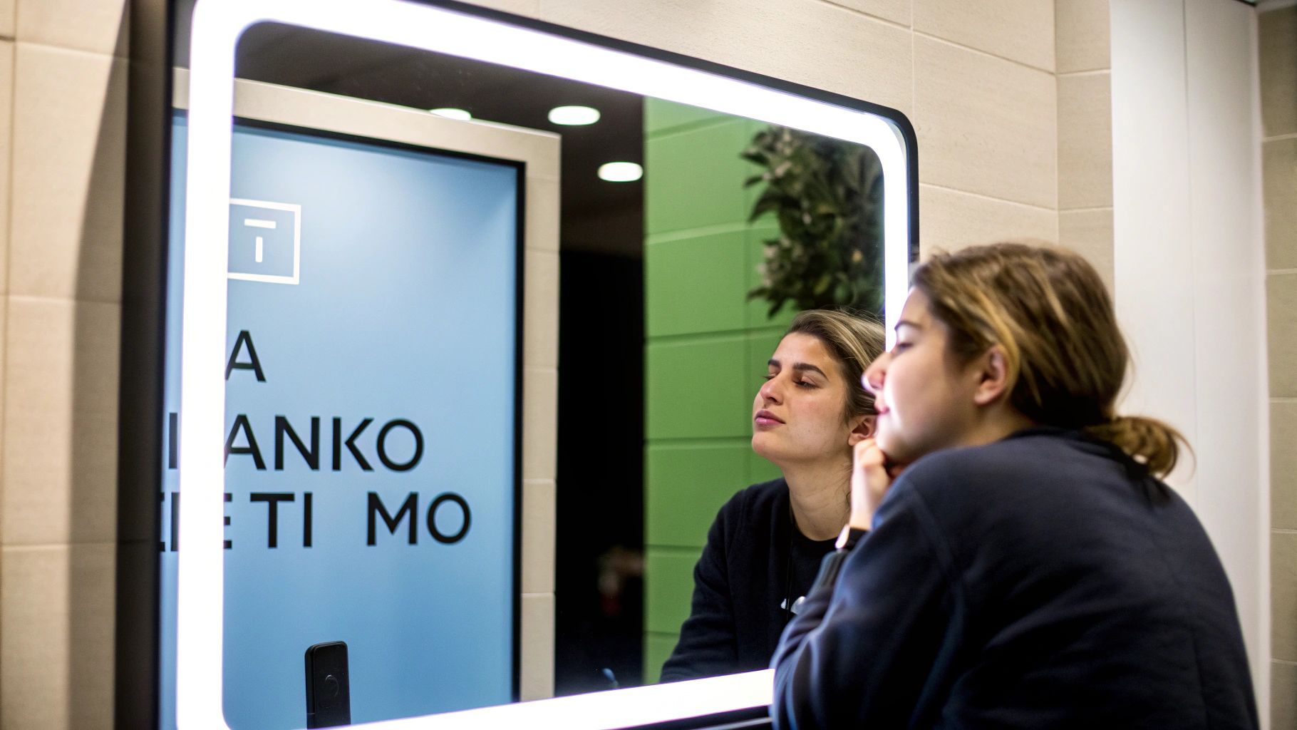 Μια γυναίκα κοιτάζει τον φωτισμένο καθρέφτη, ρυθμίζοντας κάτι στο αυτί της.