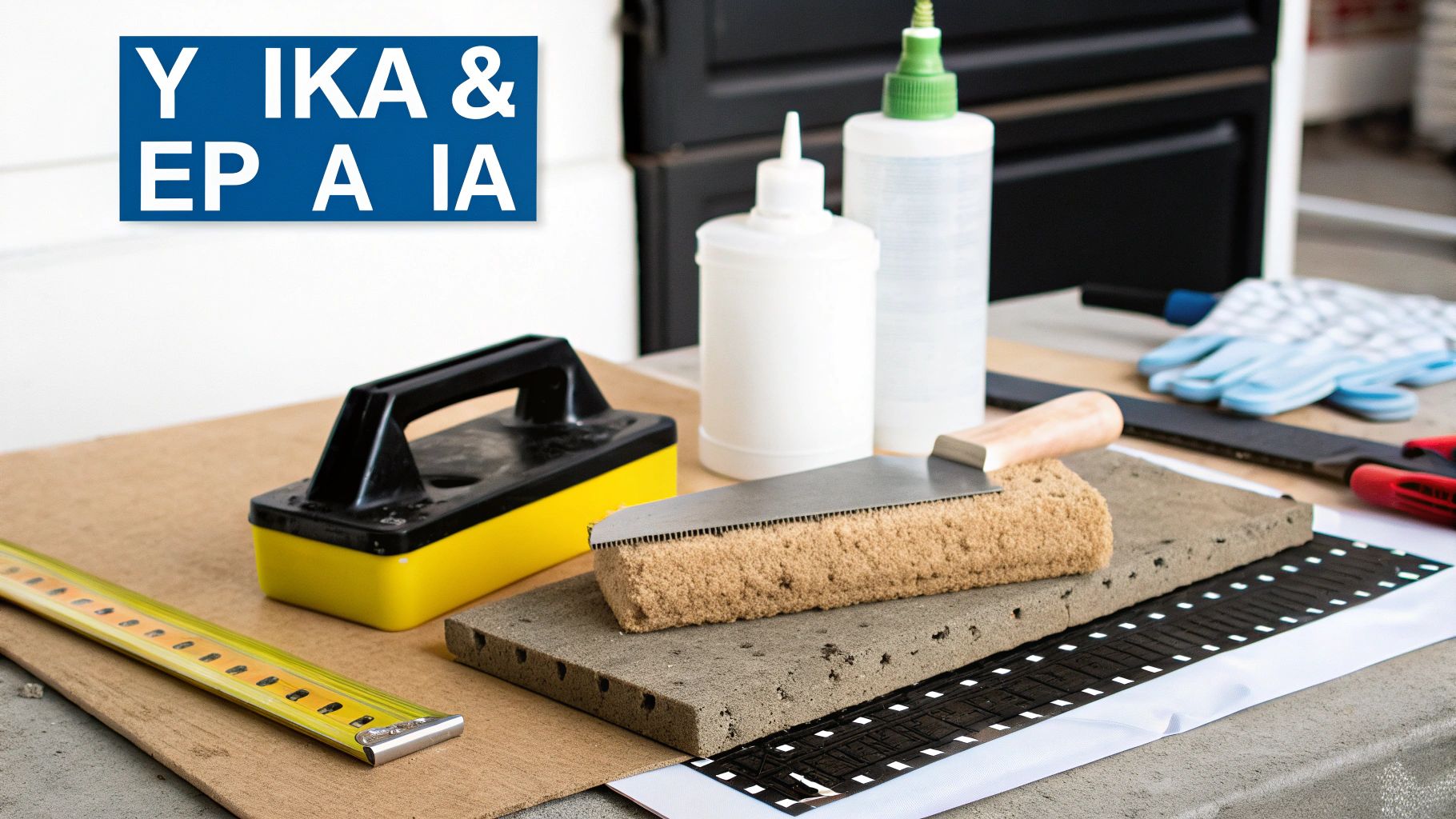 Εργαλεία και υλικά για την εφαρμογή πατητής τσιμεντοκονίας ή πλακιδίων, περιλαμβάνοντας σπάτουλες και κόλλες.