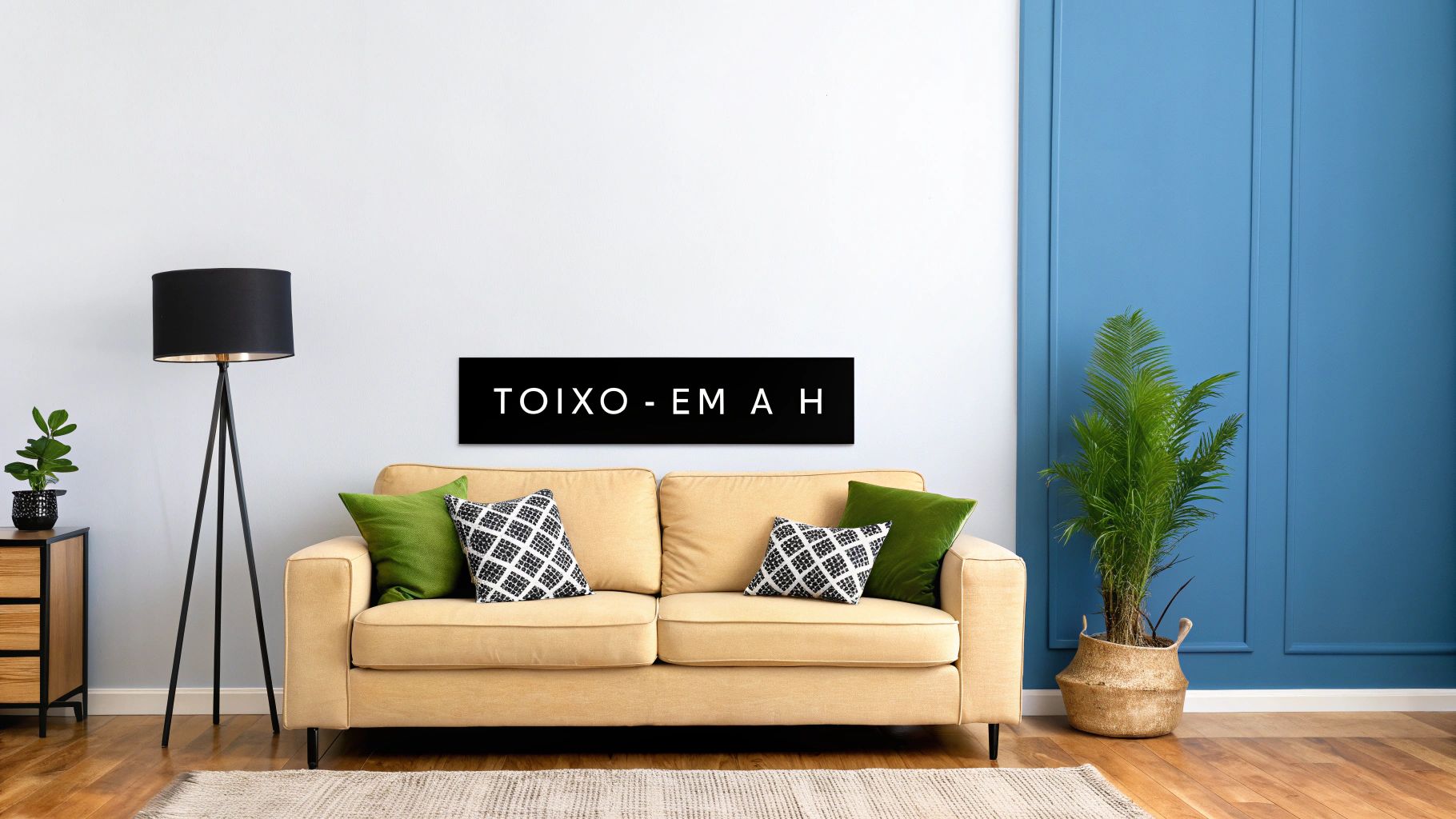 Ένα μοντέρνο σαλόνι με μπεζ καναπέ, πράσινα μαξιλάρια, μαύρο λαμπτήρα και τοίχους σε λευκό και μπλε χρώμα.