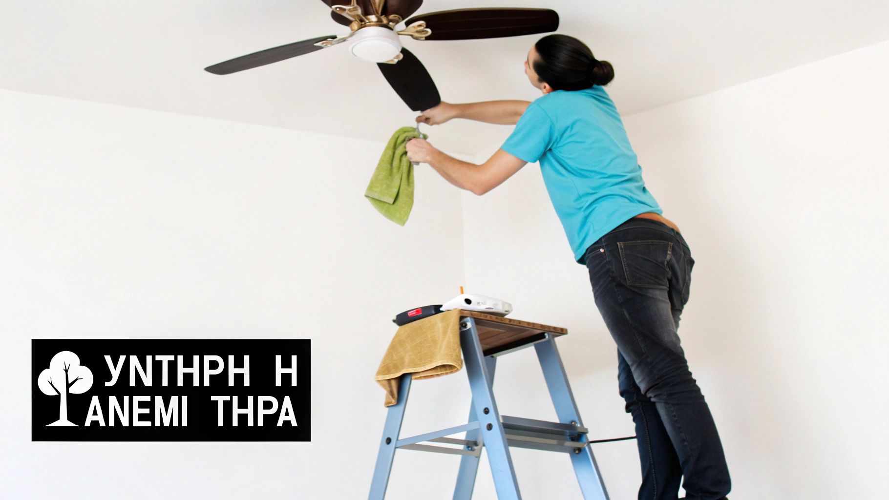 Άνδρας καθαρίζει ανεμιστήρα οροφής με πράσινο πανί, πραγματοποιώντας συντήρηση στο σπίτι.