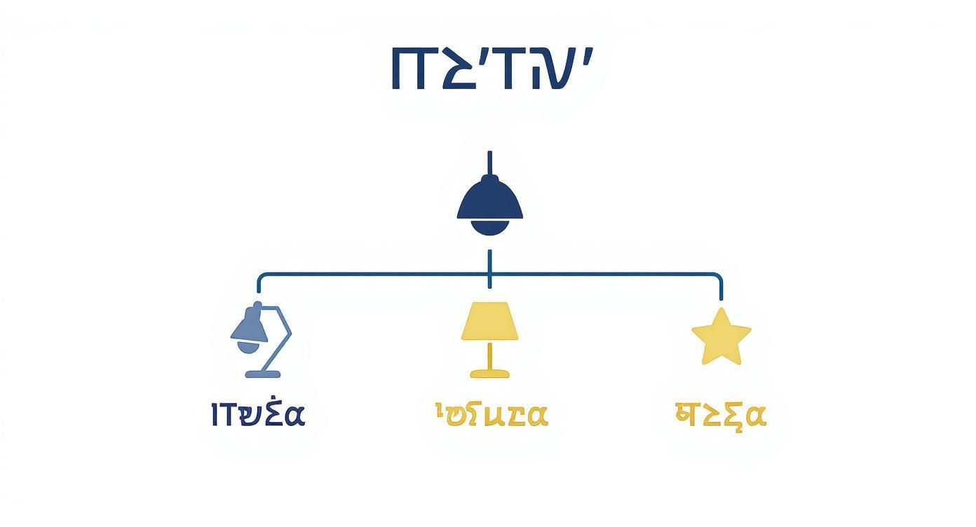 Διάγραμμα με κεντρική κρεμαστή λάμπα και τρεις διακλαδώσεις: επιτραπέζιο φως, γραφείου και αστέρι.