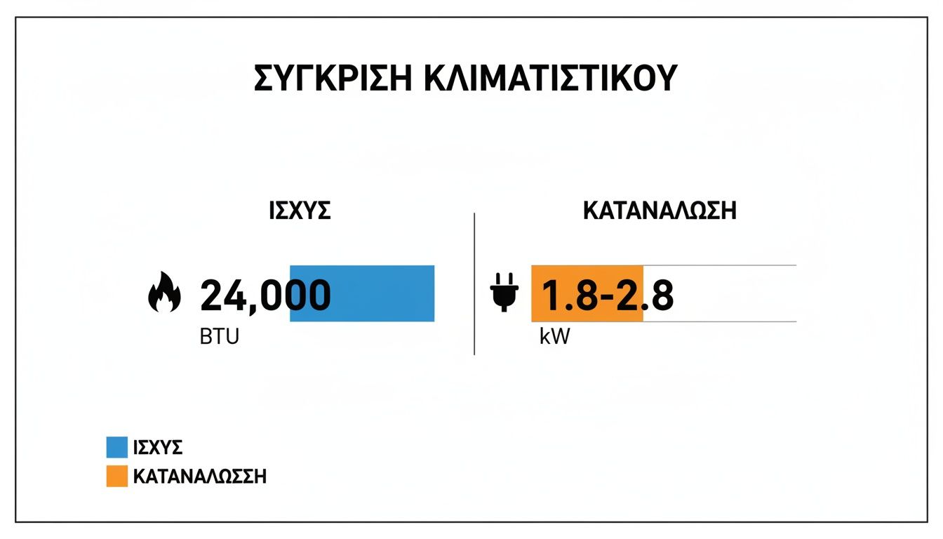 Διάγραμμα σύγκρισης ισχύος (24.000 BTU) και κατανάλωσης (1.8-2.8 kW) κλιματιστικού.
