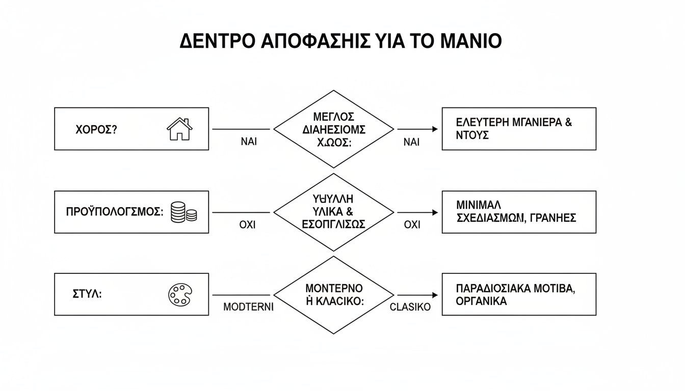 Διάγραμμα ροής ή δέντρο αποφάσεων για τη διακόσμηση μπάνιου, με επιλογές βασισμένες σε χώρο, προϋπολογισμό και στυλ.