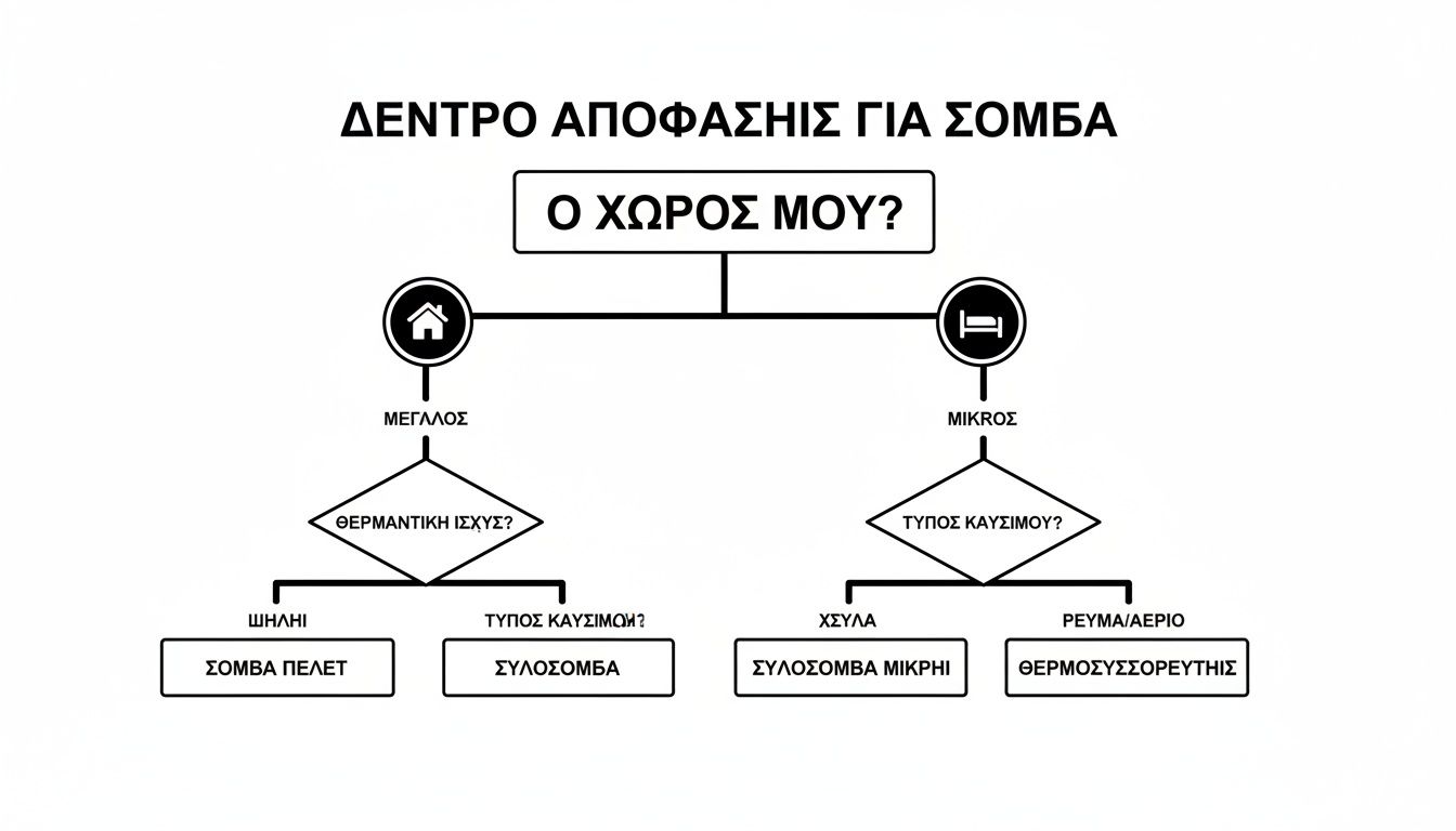 Διάγραμμα ροής για επιλογή σόμπας, ανάλογα με το μέγεθος του χώρου και τον τύπο καυσίμου.