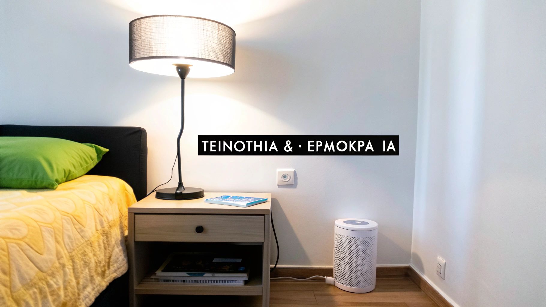 Ένα υπνοδωμάτιο με κρεβάτι, κομοδίνο, επιδαπέδιο φωτιστικό και έναν καθαριστή αέρα δίπλα.