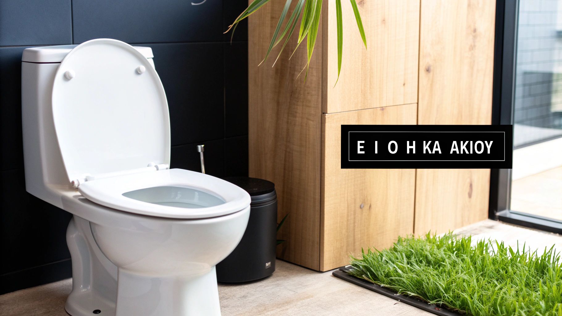 Λευκή τουαλέτα με ανοιχτό κάθισμα σε μοντέρνο μπάνιο με μαύρους τοίχους και ξύλινα ντουλάπια.