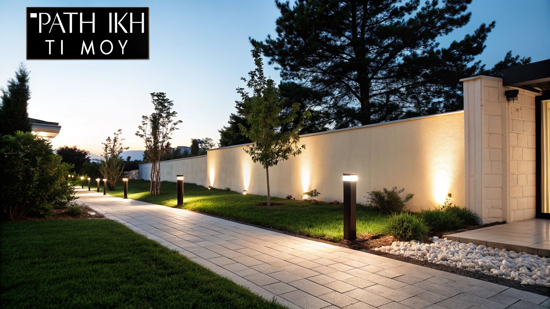 Φωτισμένος εξωτερικός διάδρομος με μοντέρνα φωτιστικά, πράσινο γκαζόν και δέντρα σε ένα όμορφο τοπίο.