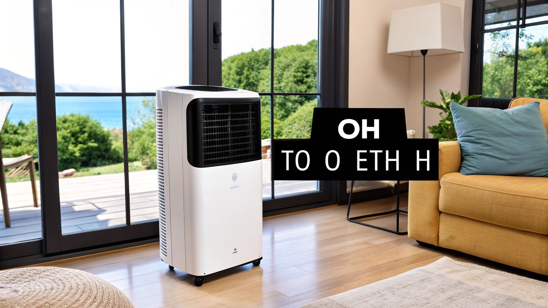 Φορητός αφυγραντήρας σε ένα φωτεινό δωμάτιο με θέα στη θάλασσα και πράσινο τοπίο.