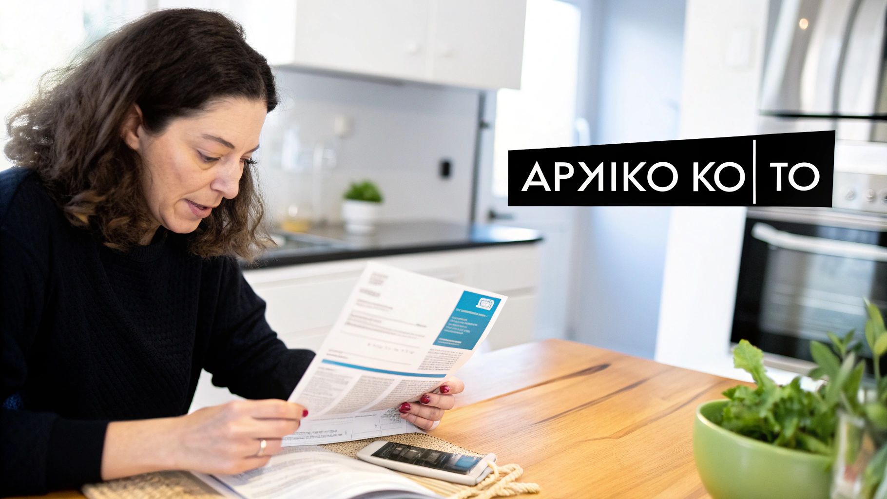 Γυναίκα διαβάζει έγγραφα σε ένα τραπέζι, ενδεχομένως αναλύοντας το κόστος ή τους λογαριασμούς.