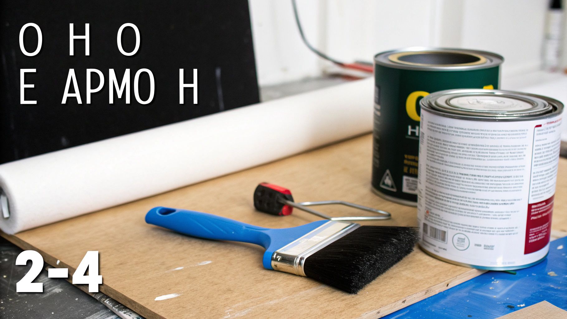 Εργαλεία και υλικά βαφής, όπως ρολό, πινέλο και δοχεία μπογιάς, έτοιμα για χρήση.