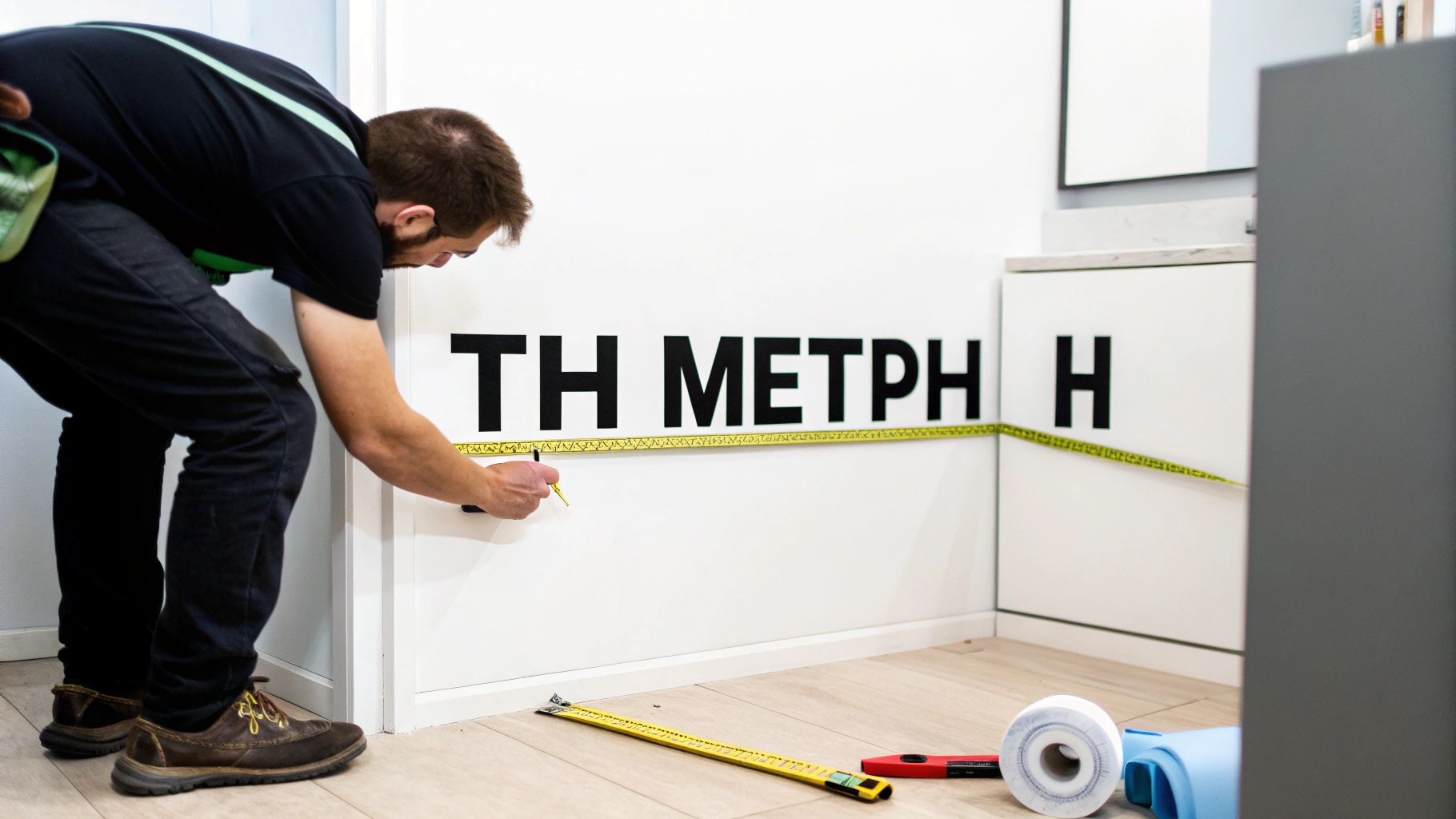 Άντρας μετράει έναν λευκό τοίχο με μετροταινία και σημειώνει με μολύβι δίπλα σε μεγάλα μαύρα γράμματα.