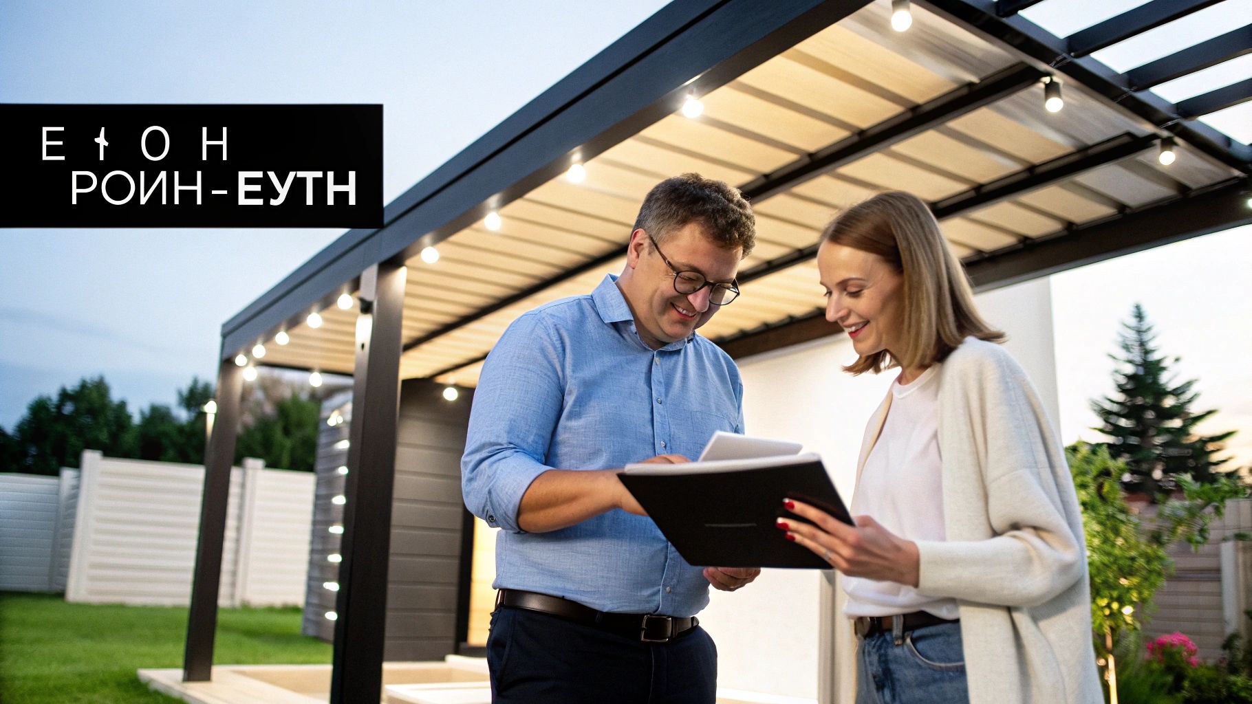 Άντρας και γυναίκα χαμογελούν εξετάζοντας έγγραφα κάτω από μια σύγχρονη πέργκολα με φωτισμό σε κήπο.